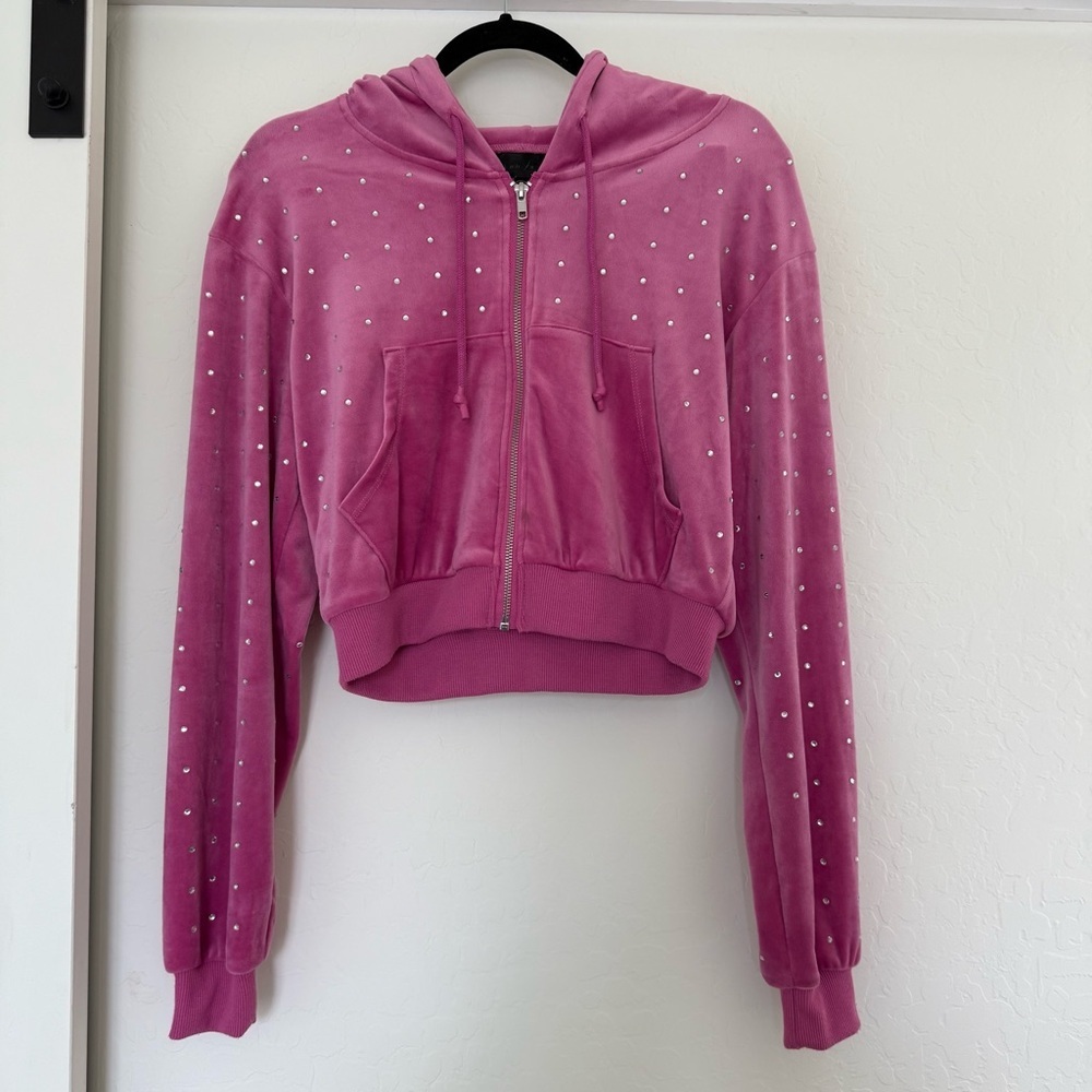 Y2k Vintage Velour Zip Up Hoodie Rhinestone Mcbling Baddie Track Jacket Cropped